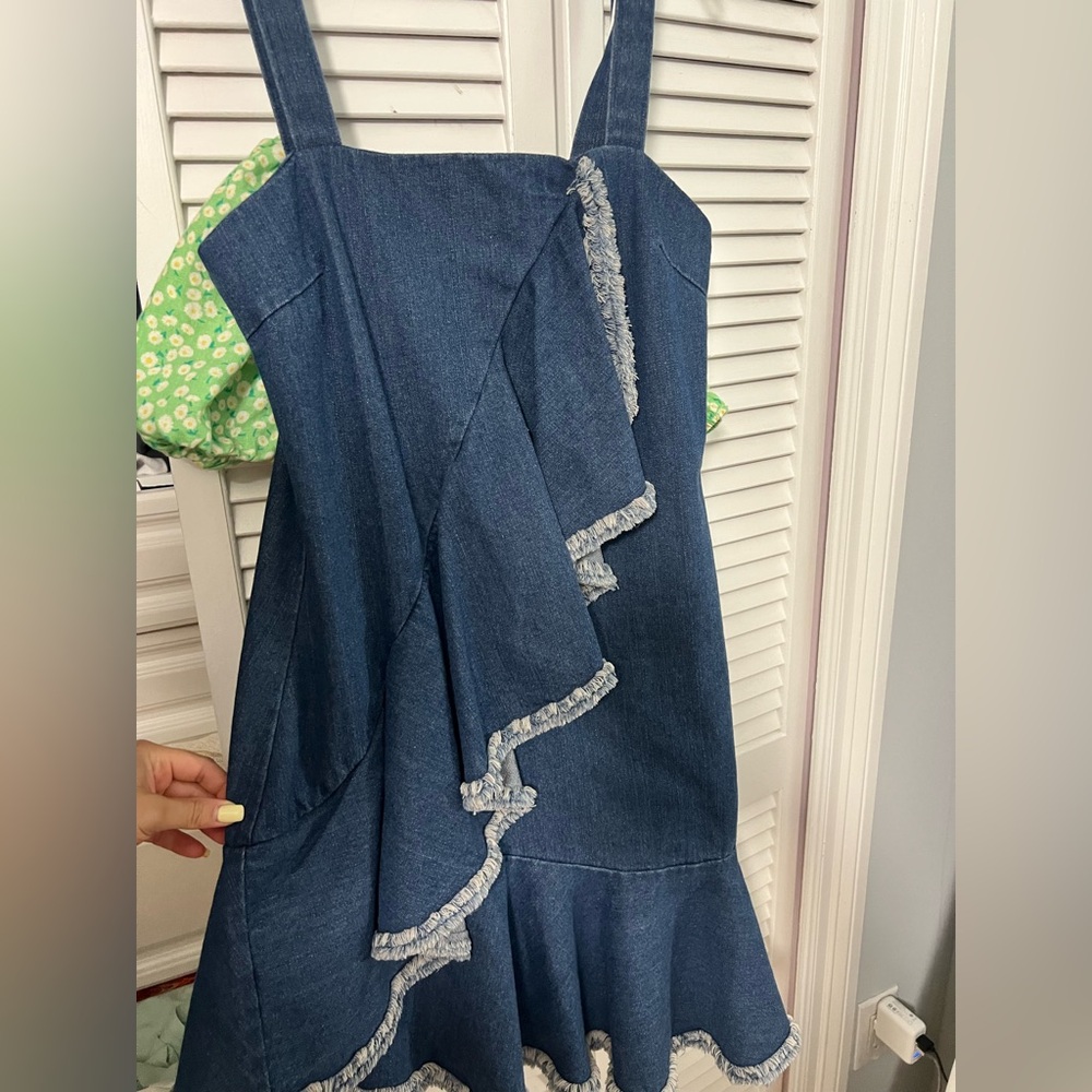 Denim Ruffle Mini Dress - Blue - Picture 2 of 2